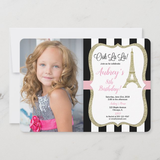 Invitación Negro del oro del rosa de la foto del cumpleaños (Anverso)