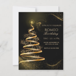 Invitación negro dorado y elegante árbol de navidad