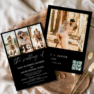 Invitación Negro El Boda del código QR de la foto Elegante