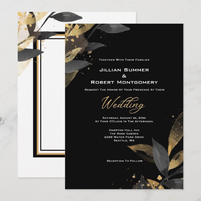 Invitación Negro Elegante Con Boda De Oro (Anverso / Reverso)