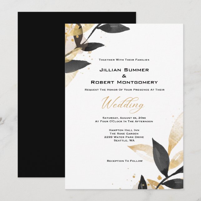 Invitación Negro Elegante Con Boda De Oro (Anverso / Reverso)