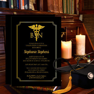 Invitación Negro elegante   Fiesta de Graduación de Enfermera