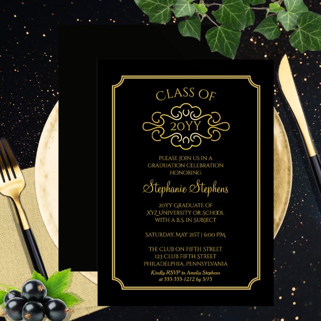 Invitación Negro elegante | Fiesta de graduación de Gold Coll (Elegant Black | Gold Tone College University Graduation Announcement |Party Invitation Print Digital)
