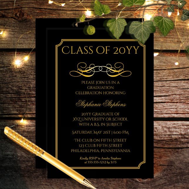 Invitación Negro elegante | Fiesta de graduación de la Univer (Elegant Black and Gold Tone University Graduation Party Invitation for Print and/or Download)
