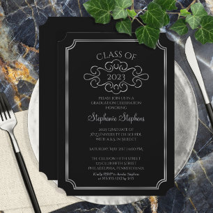 Invitación Negro elegante  Fiesta de Graduación de Silver Col