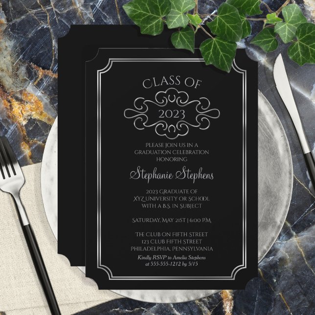 Invitación Negro elegante |Fiesta de Graduación de Silver Col (Subido por el creador)