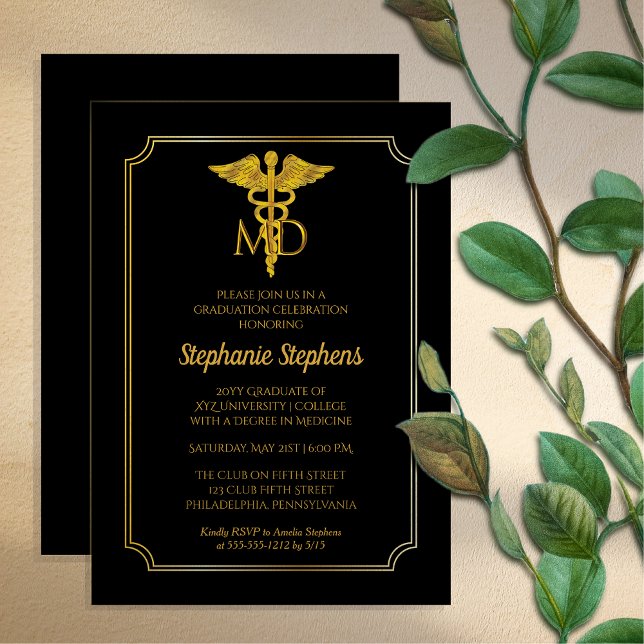 Invitación Negro elegante | Fiesta de graduación del Médico G (Elegant Black and Gold Tone "MD" Physician | Doctor Graduation Party Invitation - Print | Download)