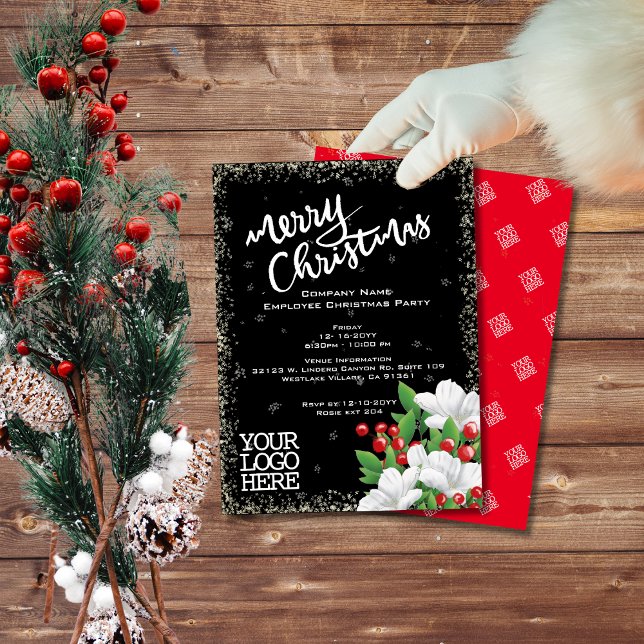 Invitación Negro elegante |Navidades de nieve de White Floral (Subido por el creador)