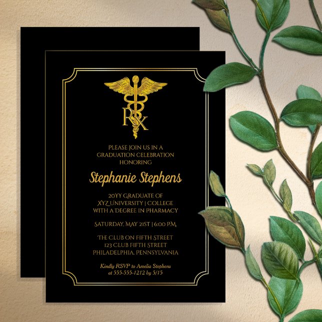 Invitación Negro elegante | Partido de Graduación de Farmacia (Elegant Black and Gold Tone "RX" Pharmacy Graduation Party Invitation -- Print and/or Download)