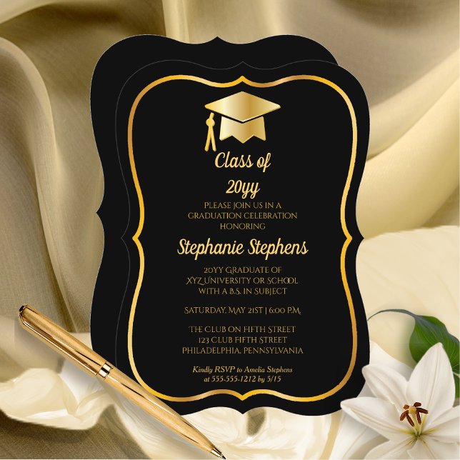 Invitación Negro elegante | Partido de Graduación de los Camp (Elegant Black and Gold tone Grad Cap Graduation Party Invitation - Bracket Style - Print | Download)