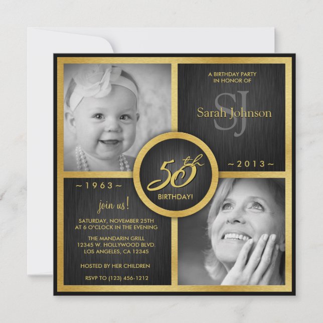 Invitación Negro elegante y cumpleaños del oro 50.o (Anverso)