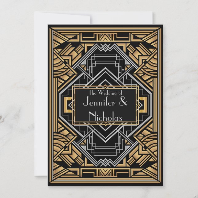 Invitación Negro, Faux Gold y Silver Art Deco Gatsby Style (Anverso)