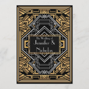 Invitación Negro, Faux Gold y Silver Art Deco Gatsby Style