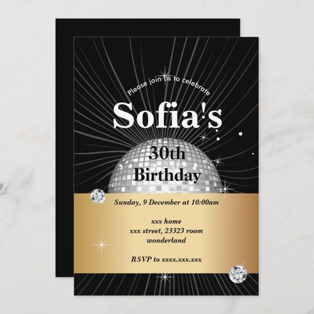 Invitación NEGRO, fiesta de discoteca, años 70, fiesta bailar (Anverso / Reverso)