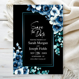 Invitación Negro floral azul moderno salva la fecha
