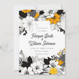 Invitación Negro floral contemporáneo, blanco, boda amarillo