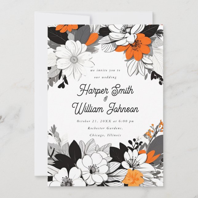 Invitación Negro floral contemporáneo, blanco, boda naranja (Anverso)
