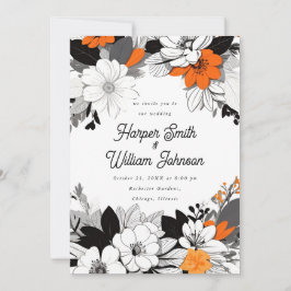 Invitación Negro floral contemporáneo, blanco, boda naranja