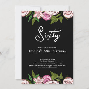 Invitación Negro floral moderno 60 cumpleaños