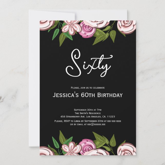 Invitación Negro floral moderno 60 cumpleaños (Anverso)