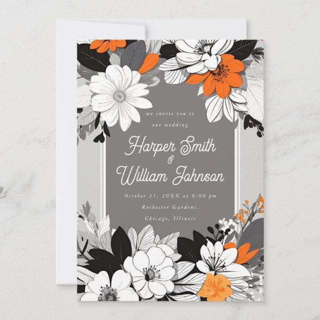 Invitación Negro floral moderno, blanco, boda naranja (Anverso)