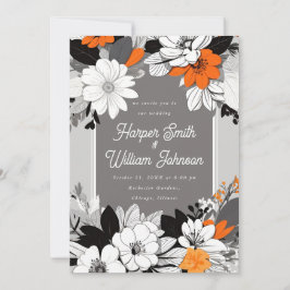 Invitación Negro floral moderno, blanco, boda naranja