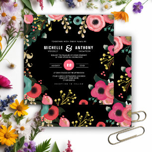 Invitación Negro floral moderno Rosa BODA VERDE AZULADO
