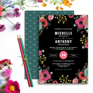 Invitación Negro floral moderno  Rosa  Boda Verde azulado
