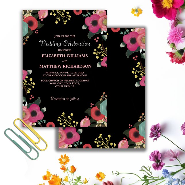 Invitación Negro floral moderno | Rosa | Boda Verde azulado (Subido por el creador)