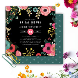 Invitación Negro floral moderno | Rosa | Ducha Verde azulada
