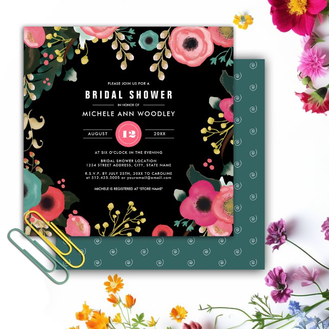 Invitación Negro floral moderno | Rosa | Ducha Verde azulada  (Subido por el creador)
