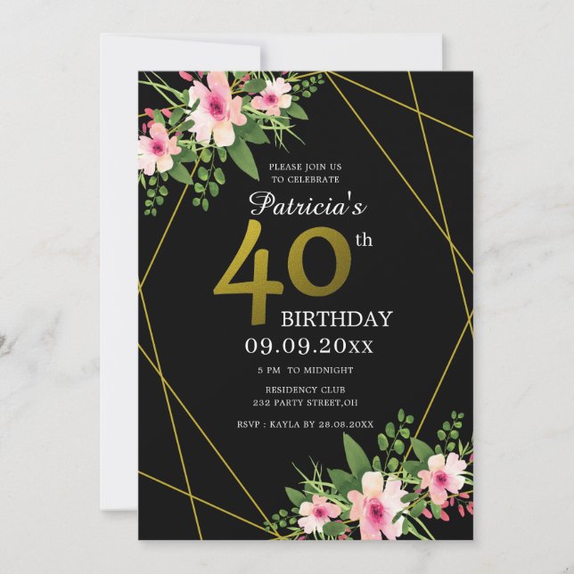 Invitación Negro floral moderno y oro 40 cumpleaños (Anverso)