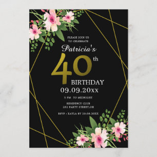 Invitación Negro floral moderno y oro 40 cumpleaños