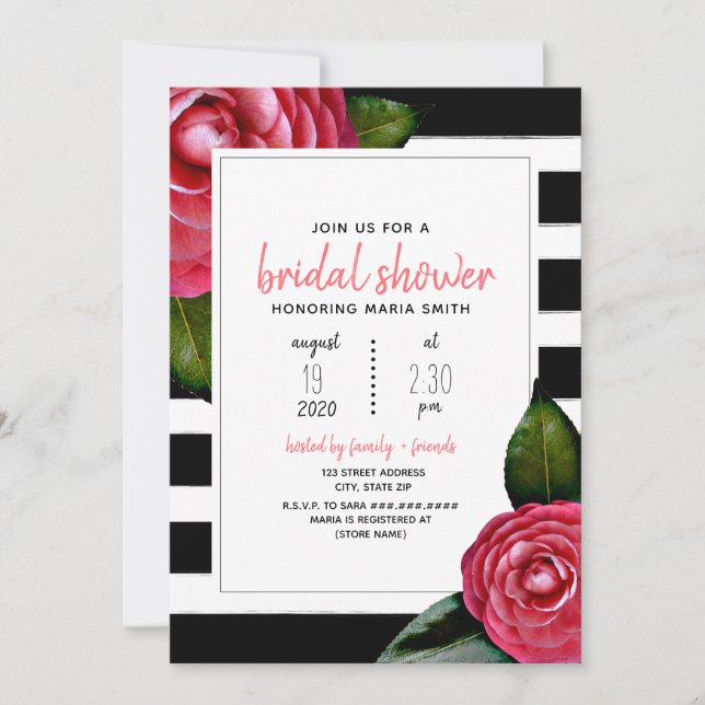 Invitación Negro floral rosado + ducha maraña blanca (Anverso)