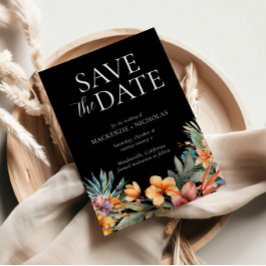 Invitación Negro floral tropical salva la fecha