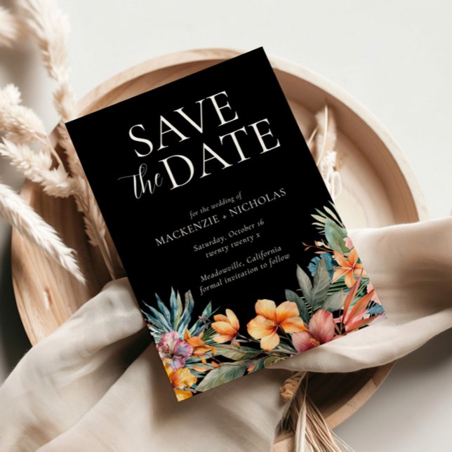 Invitación Negro floral tropical salva la fecha (tropical wedding save the date black)