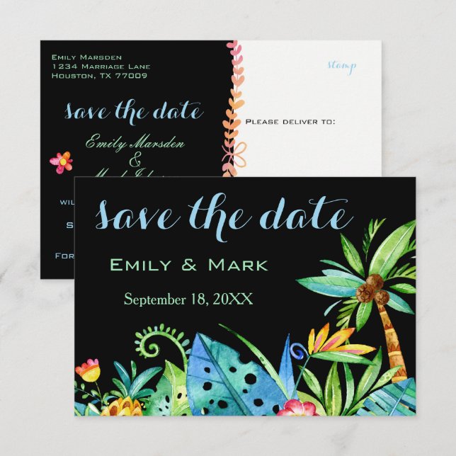 Invitación Negro Floral Tropical Salve La Fecha (Anverso / Reverso)