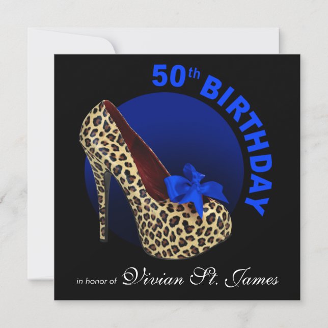 Invitación Negro funky Leopardo Stiletto 50 cumpleaños (Anverso)