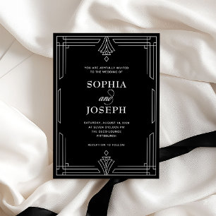 Invitación Negro Glamuroso Formal Elegante Boda