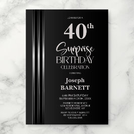 Invitación Negro Gris con Rayas Plateadas Cumpleaños Sorpresa