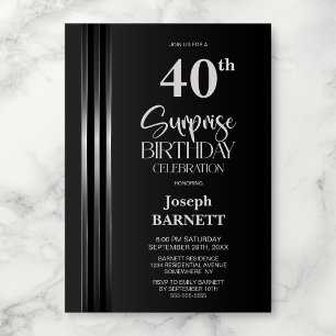 Invitación Negro Gris con Rayas Plateadas Cumpleaños Sorpresa