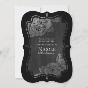 Invitación Negro Gris Plateado Glam Vintage Floral Nupcial