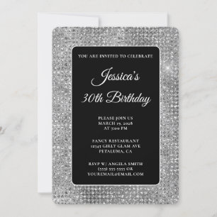 Invitación Negro gris y blanco Purpurina disco 30 cumpleaños