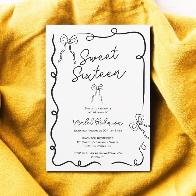 Invitación Negro lindo arcos cintas ilustraciones Dulce 16 (Black cute bows ribbons illustrations Sweet 16 Invitation)