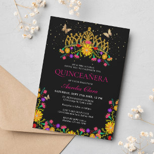 Invitación Negro México Fiesta Floral Oro Tiara Quinceanera