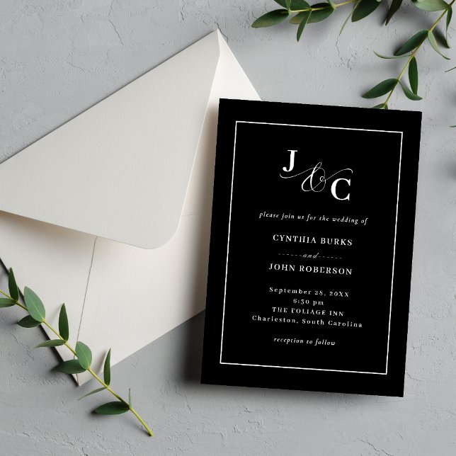 Invitación Negro Minimal y Chic | Boda con Borde Blanco (Black minimal chic invite with white border for a sleek, timeless wedding style.)