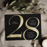 Invitación Negro minimalista moderno y oro 28 años<br><div class="desc">Moderna invitación minimalista para fiestas de 28 años con elegantes detalles en Relieve metalizado de oro falso número 28 y detalles de su fiesta en el clásico serif con color de fondo negro, simple y elegante, gran sorpresa invitación para adultos de cumpleaños para hombres y mujeres. el color de fondo...</div>