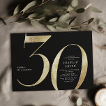 Invitación Negro minimalista moderno y oro 30 años<br><div class="desc">La moderna invitación minimalista para la fiesta de cumpleaños número 30 cuenta con elegantes detalles de Relieve metalizado en oro falso número 30 y los detalles de su fiesta en la fuente clásica serif con color de fondo negro, sencilla y elegante, gran sorpresa invitación de cumpleaños para adultos para hombres...</div>