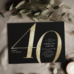 Invitación Negro minimalista moderno y oro 40 años<br><div class="desc">La moderna invitación minimalista a la fiesta de cumpleaños número 40 cuenta con elegantes detalles de Relieve metalizado en color oro falso número 40 y los detalles de su fiesta en la fuente clásica serif con color de fondo negro, sencilla y elegante, gran sorpresa invitación de cumpleaños para adultos para...</div>