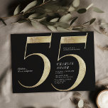 Invitación Negro minimalista moderno y oro 55 años<br><div class="desc">La moderna invitación minimalista para la fiesta de 55 años incluye el elegante Relieve metalizado de oro falso número 55 y los detalles de su fiesta en el clásico serif con color de fondo negro, la sencilla y elegante, sorprendente invitación de cumpleaños para adultos para hombres y mujeres. el color...</div>